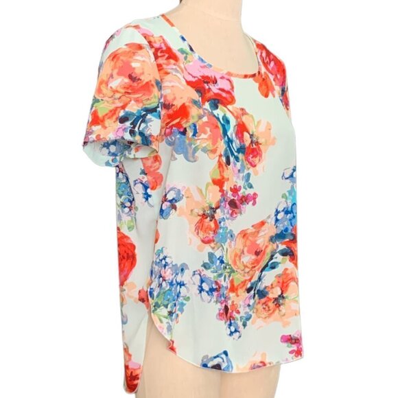 Spense Watercolor Floral Semi-Sheer Short Sleeve Tunic Top M 104F - Picture 3 of 6